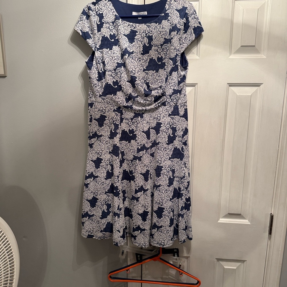 Studio One Navy and White Printed Midi Dress